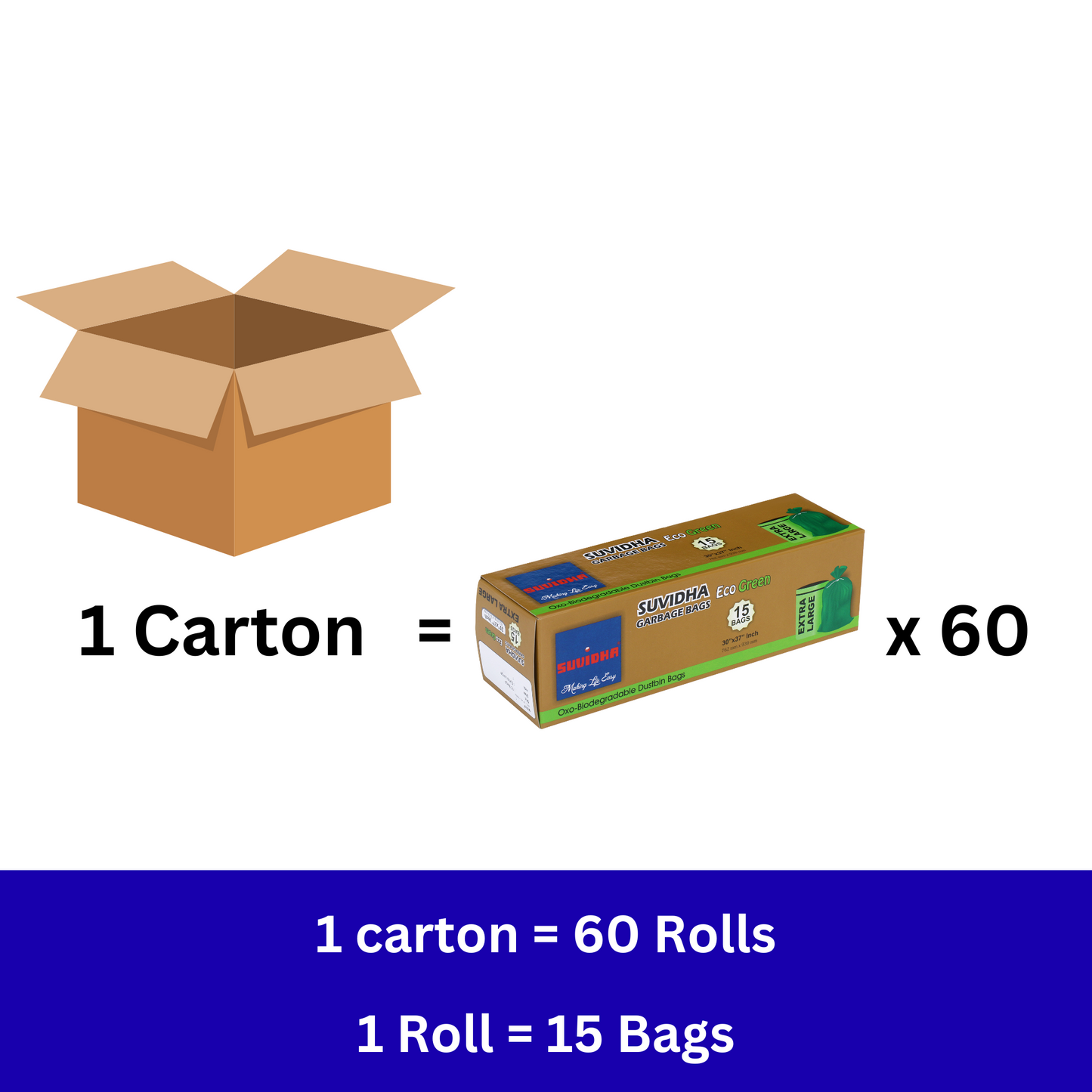 Suvidha Eco Green Garbage Bags Extra Large Size - 60 Rolls Carton (15 Bags per Roll)