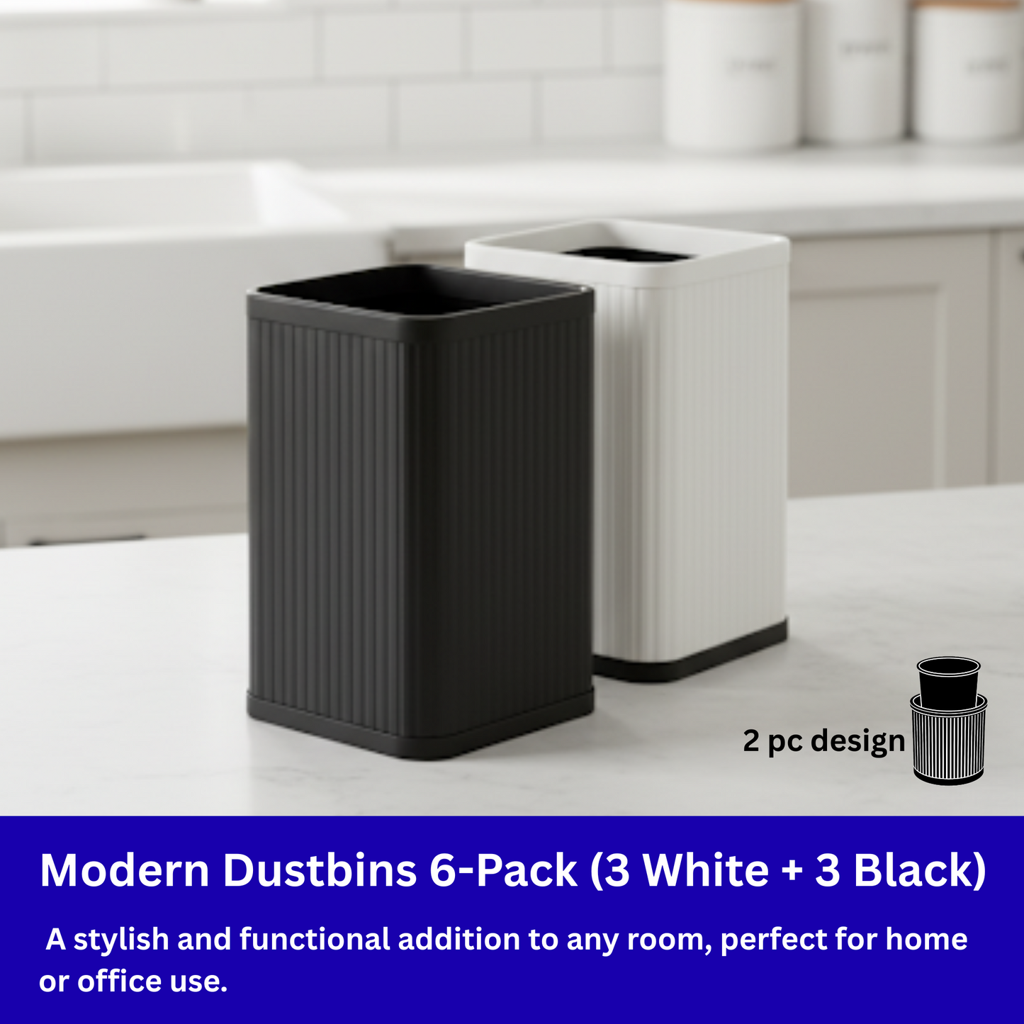 Pack of 6 Plastic Waste Bins - Ribbed Design