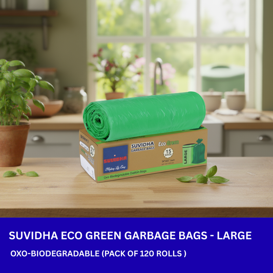 Suvidha Eco Green Garbage Bags Large Size - 120 Rolls Carton (15 Bags per Roll)