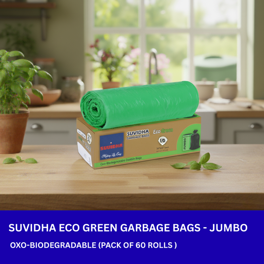 Suvidha Eco Green Garbage Bags Jumbo Size - 60 Rolls Carton (10 Bags per Roll)
