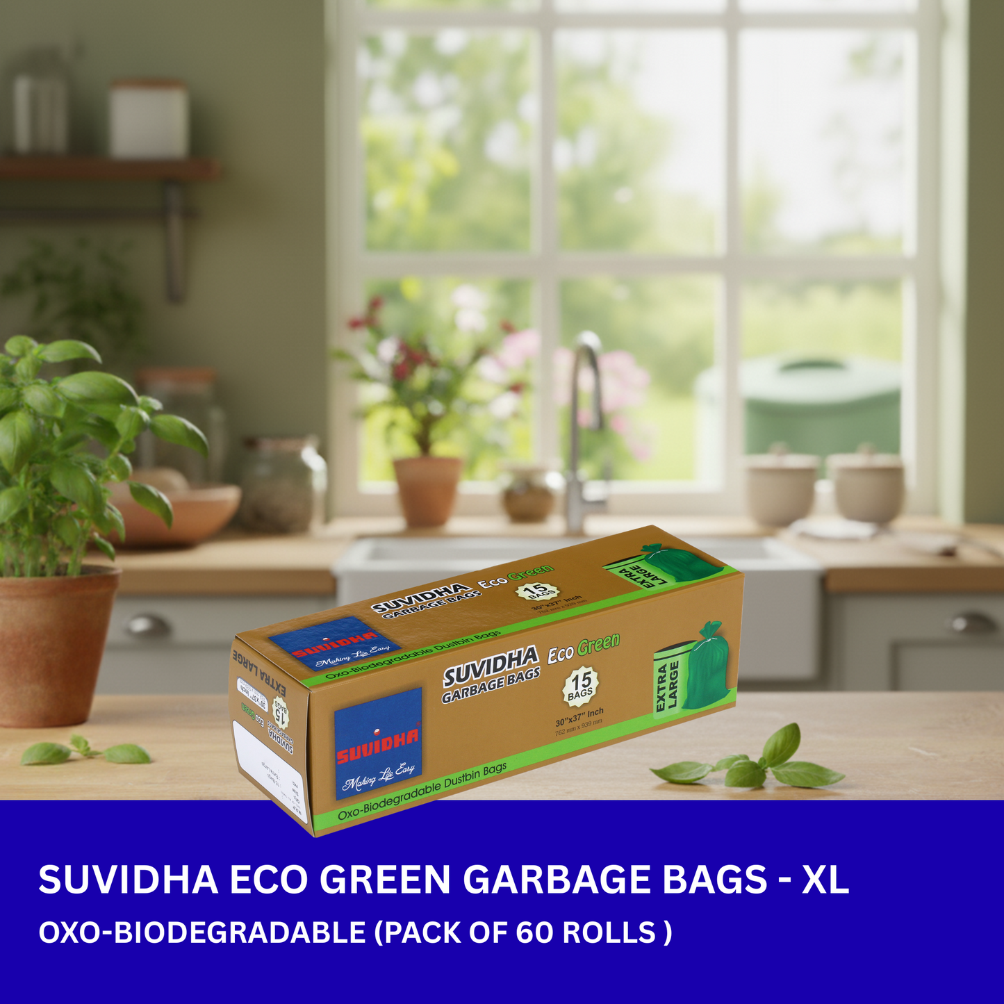 Suvidha Eco Green Garbage Bags Extra Large Size - 60 Rolls Carton (15 Bags per Roll)