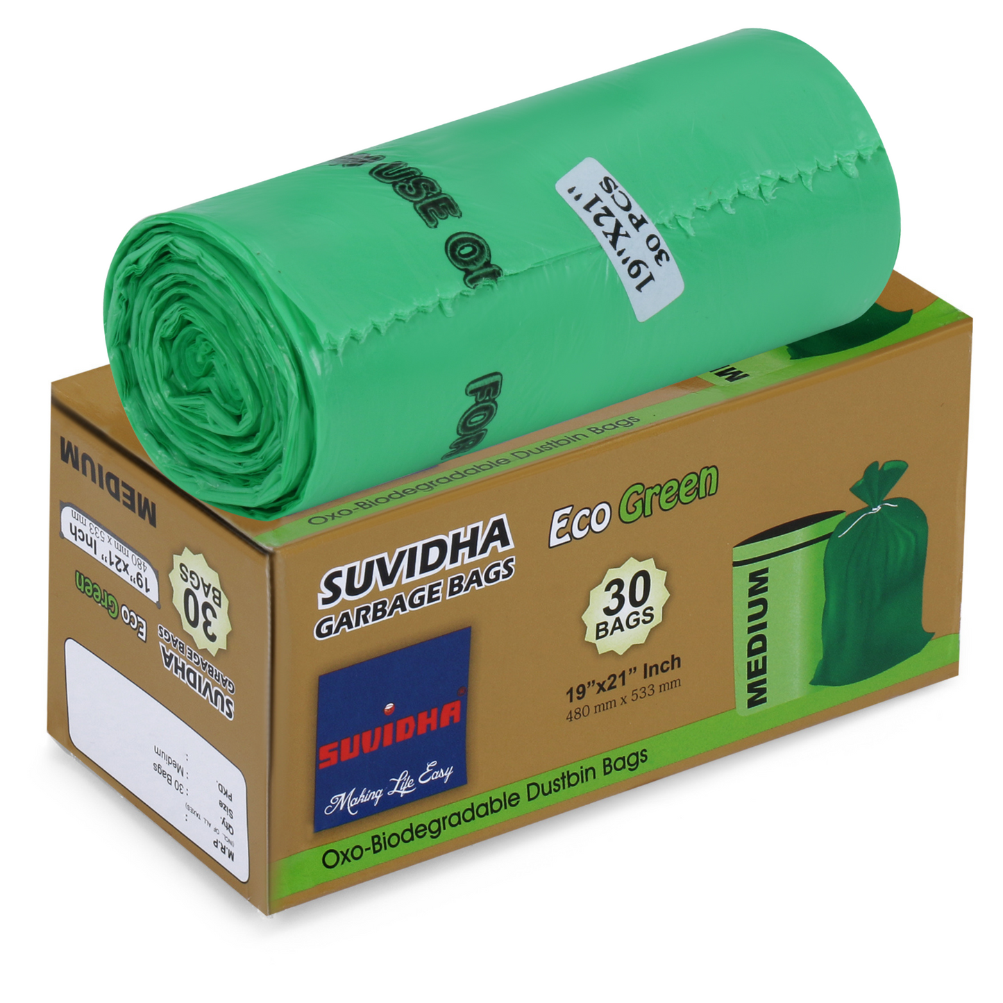 Suvidha Eco Green Garbage Bags Medium Size - 120 Rolls Carton (30 Bags per Roll)