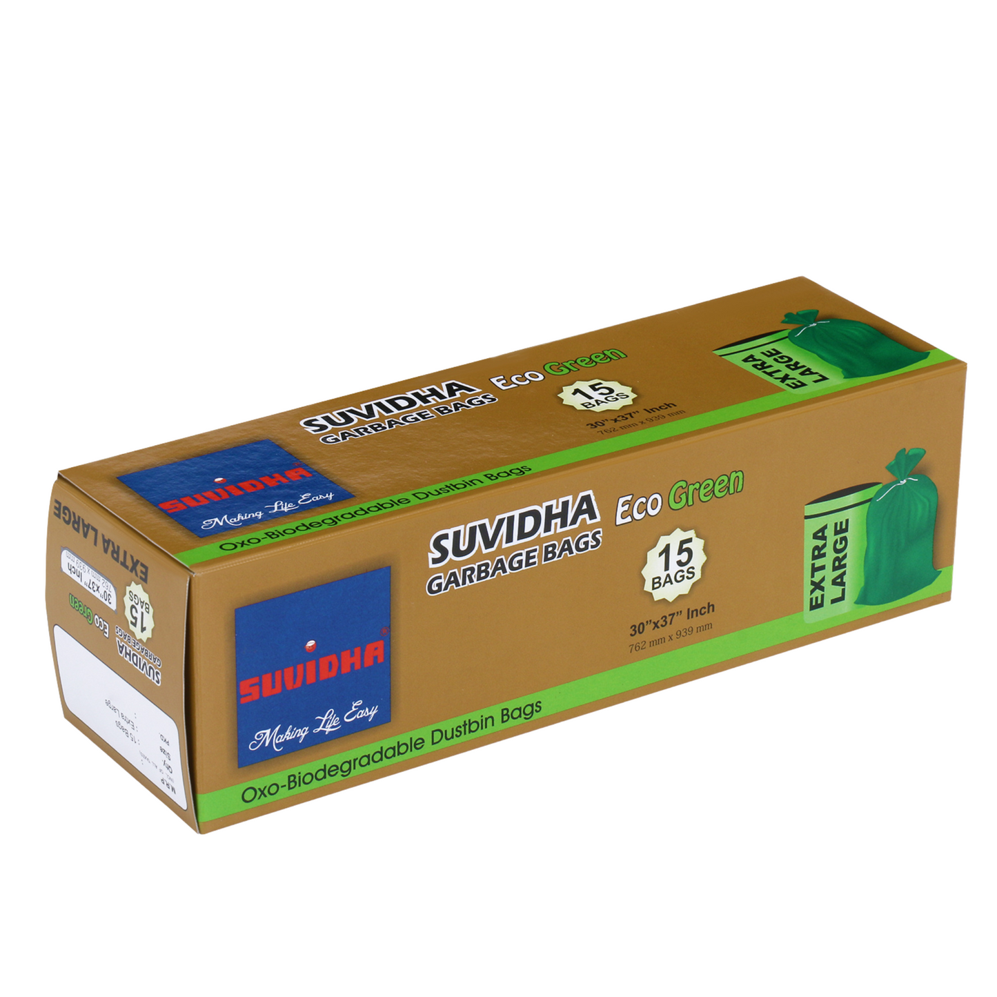 Suvidha Eco Green Garbage Bags Extra Large Size - 60 Rolls Carton (15 Bags per Roll)