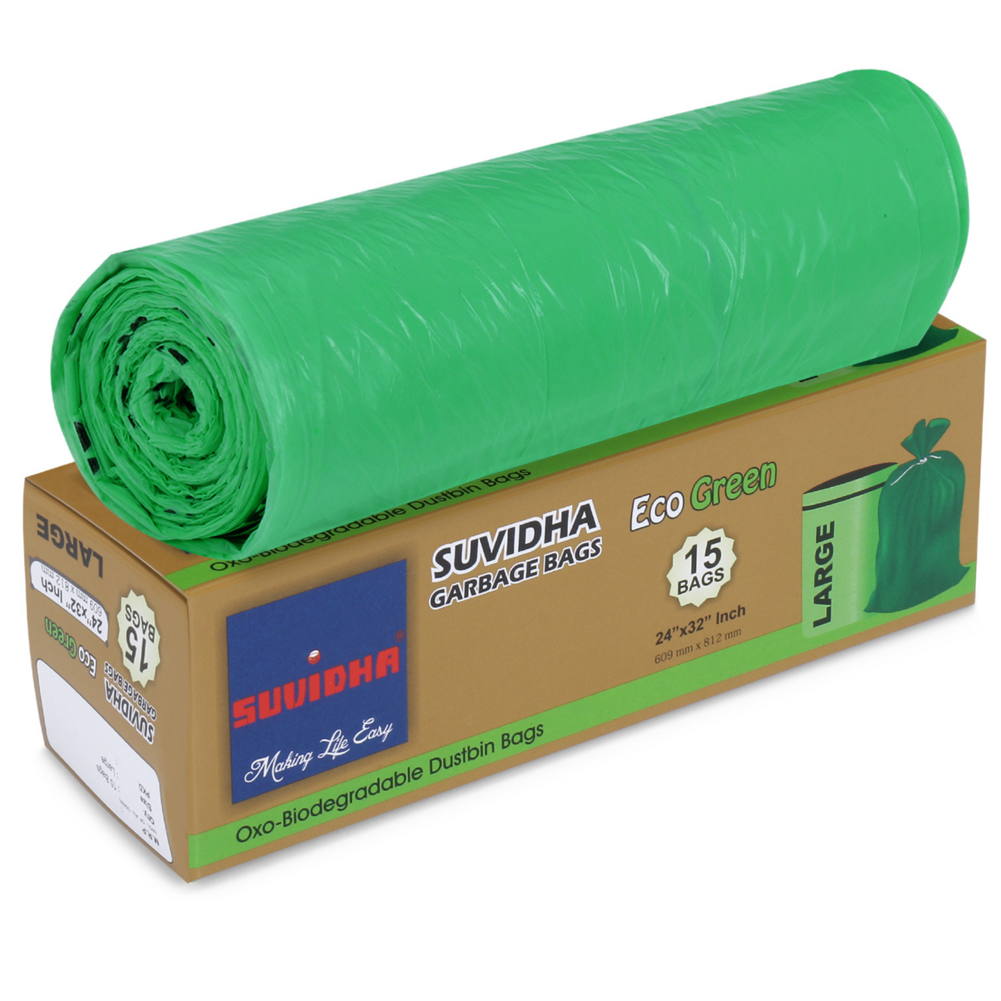 Suvidha Eco Green Garbage Bags Large Size - 120 Rolls Carton (15 Bags per Roll)