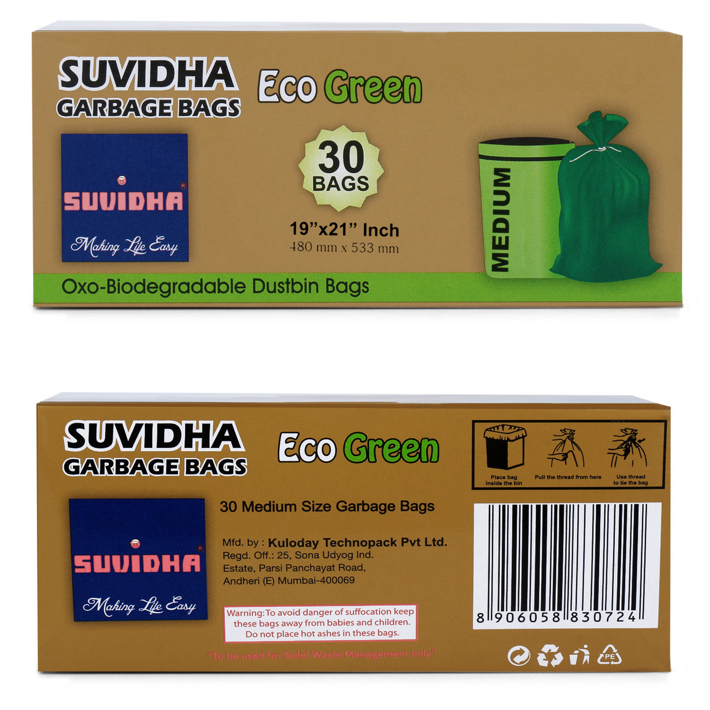 Suvidha Eco Green Garbage Bags Medium Size - 120 Rolls Carton (30 Bags per Roll)