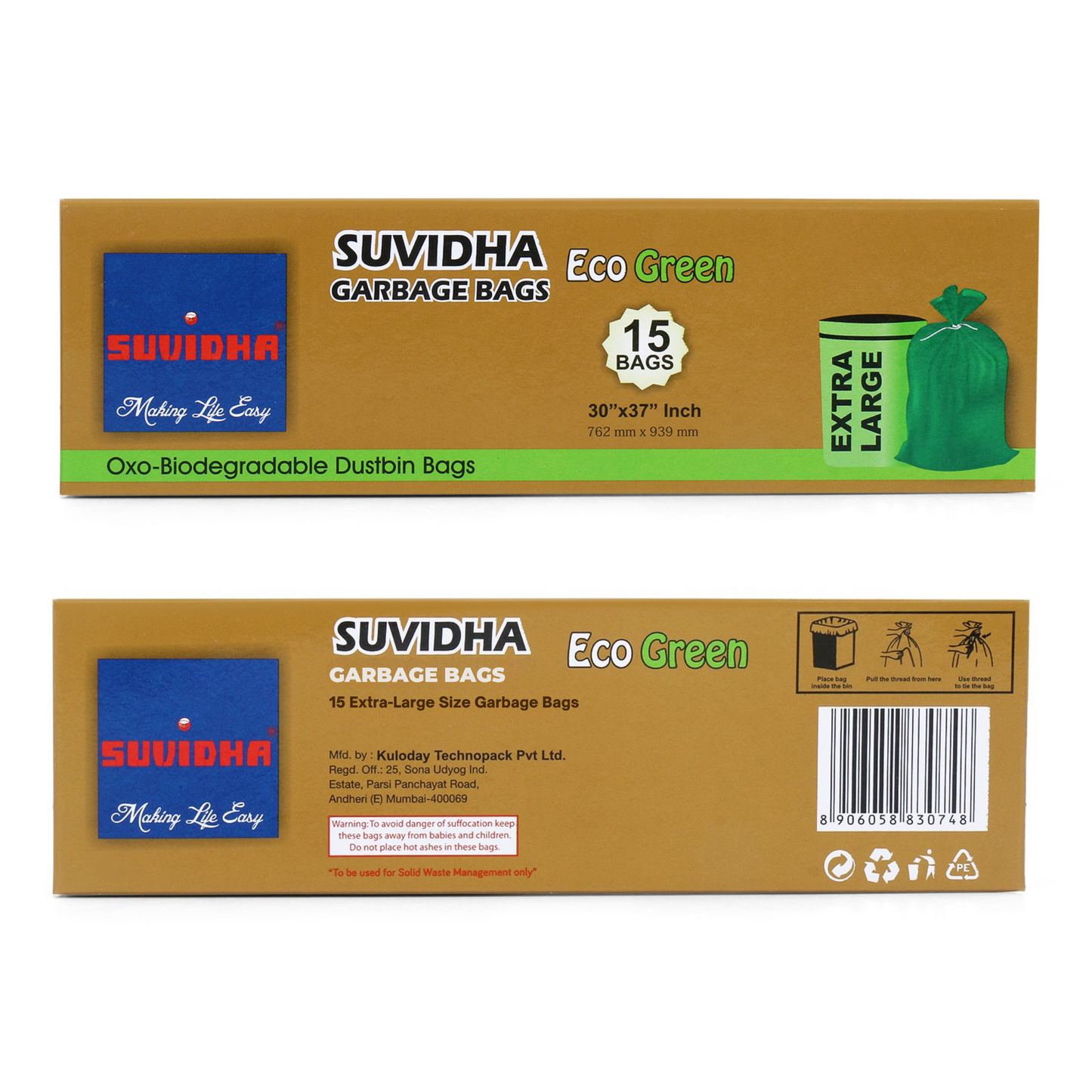 Suvidha Eco Green Garbage Bags Extra Large Size - 60 Rolls Carton (15 Bags per Roll)