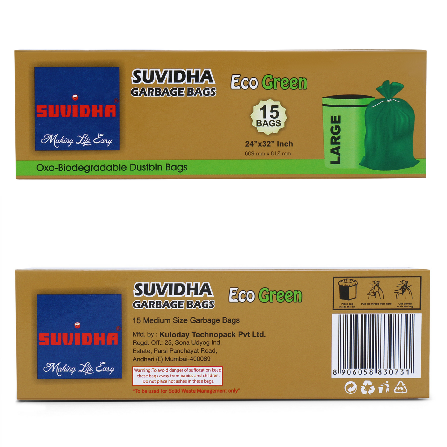 Suvidha Eco Green Garbage Bags Large Size - 120 Rolls Carton (15 Bags per Roll)