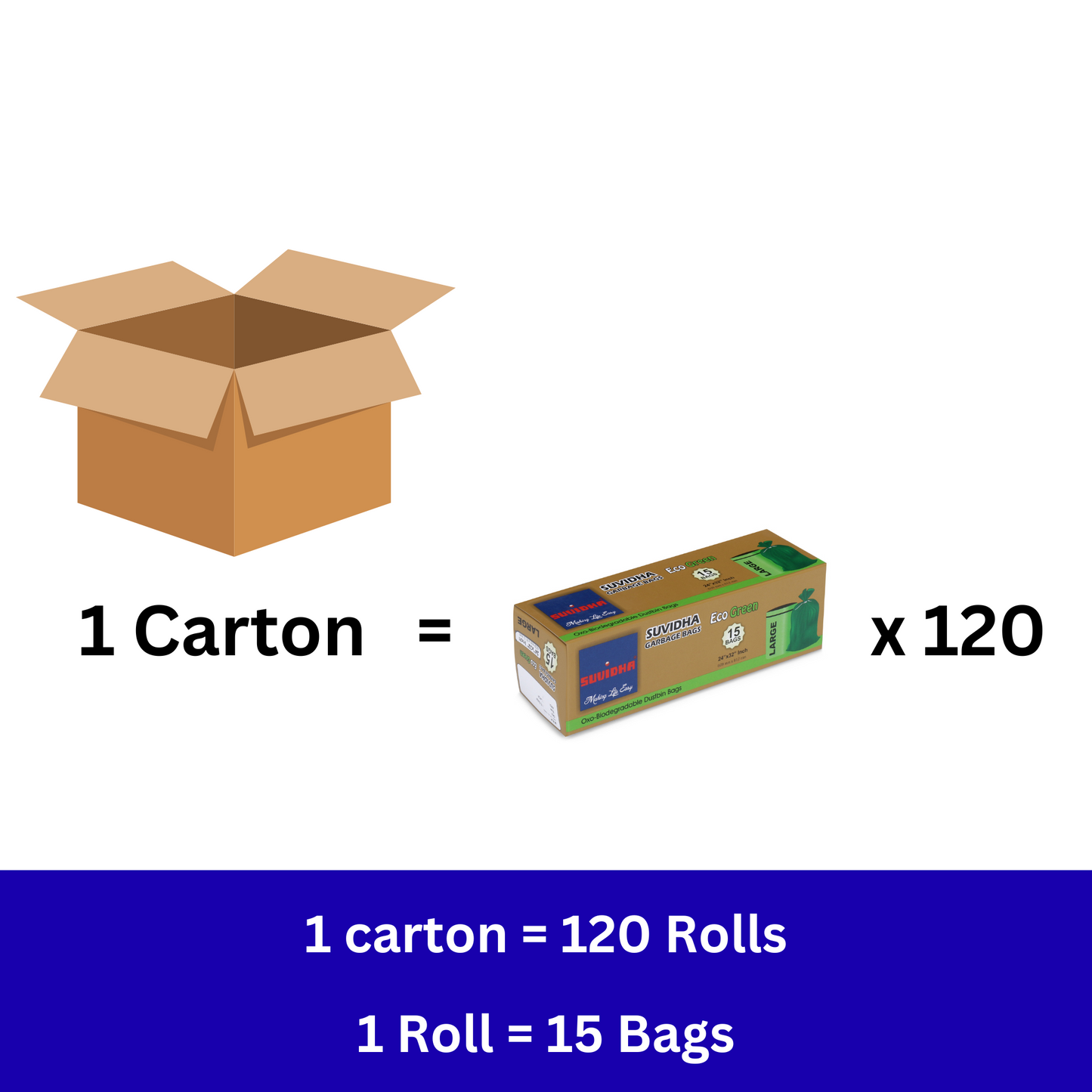 Suvidha Eco Green Garbage Bags Large Size - 120 Rolls Carton (15 Bags per Roll)