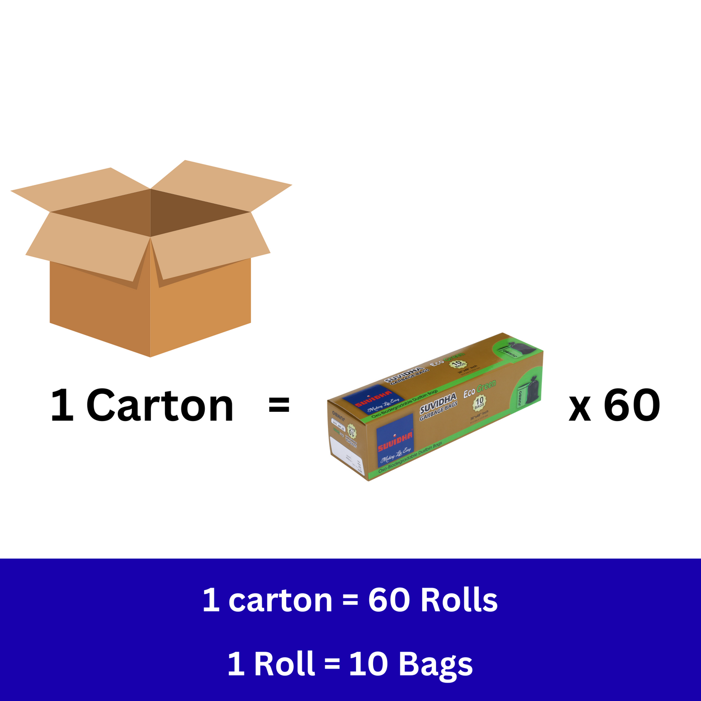 Suvidha Eco Green Garbage Bags Jumbo Size - 60 Rolls Carton (10 Bags per Roll)