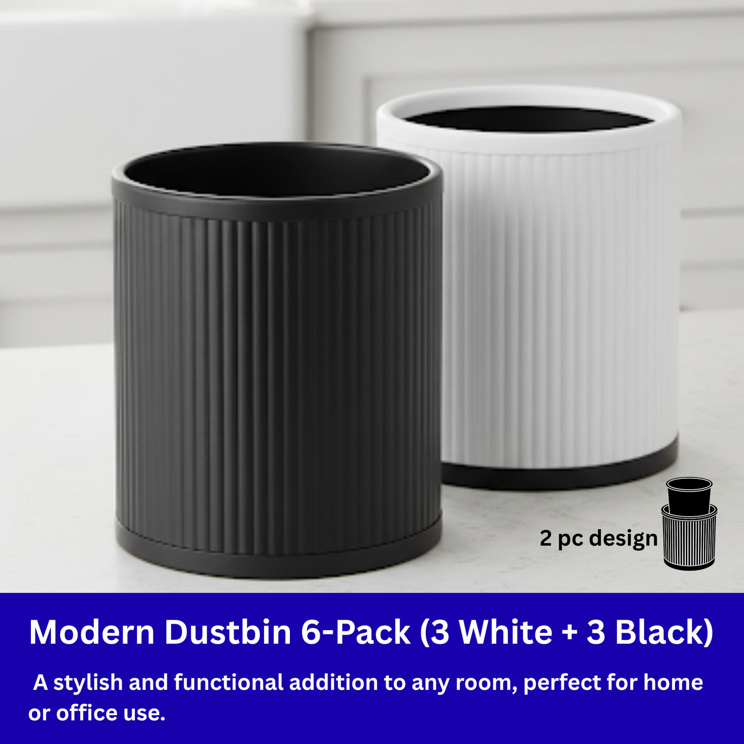 Pack of 6 Plastic Waste Bins - Ribbed Design