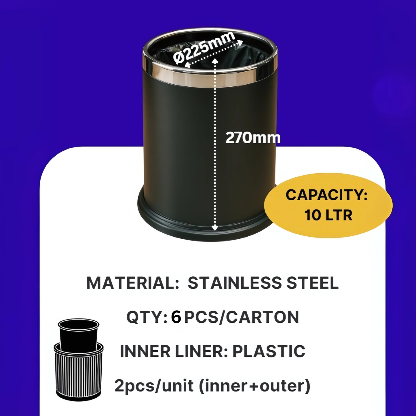 Pack of 6 Stainless Steel Bins