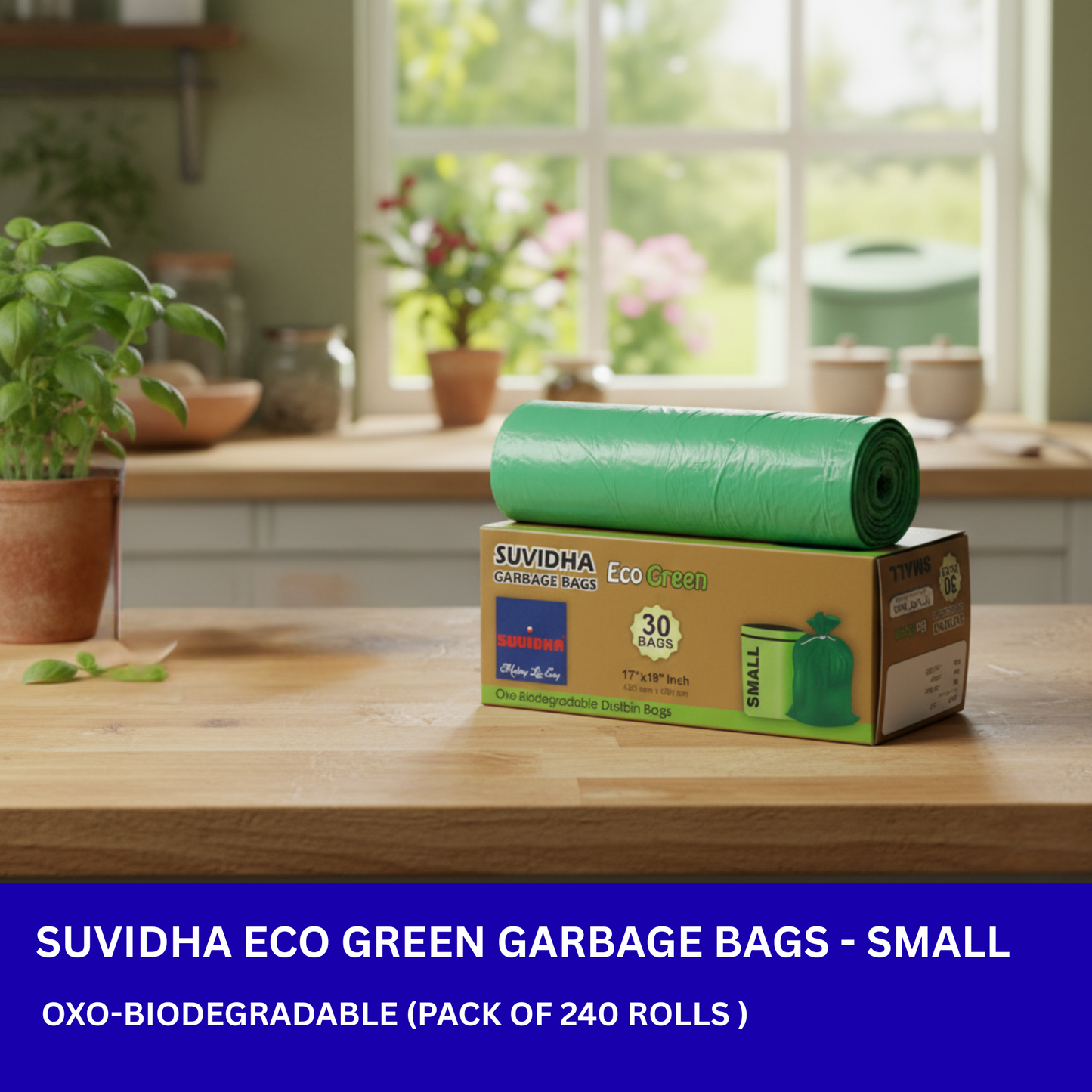 Suvidha Eco Green Garbage Bags Small Size - 240 Rolls Carton (30 Bags per Roll)