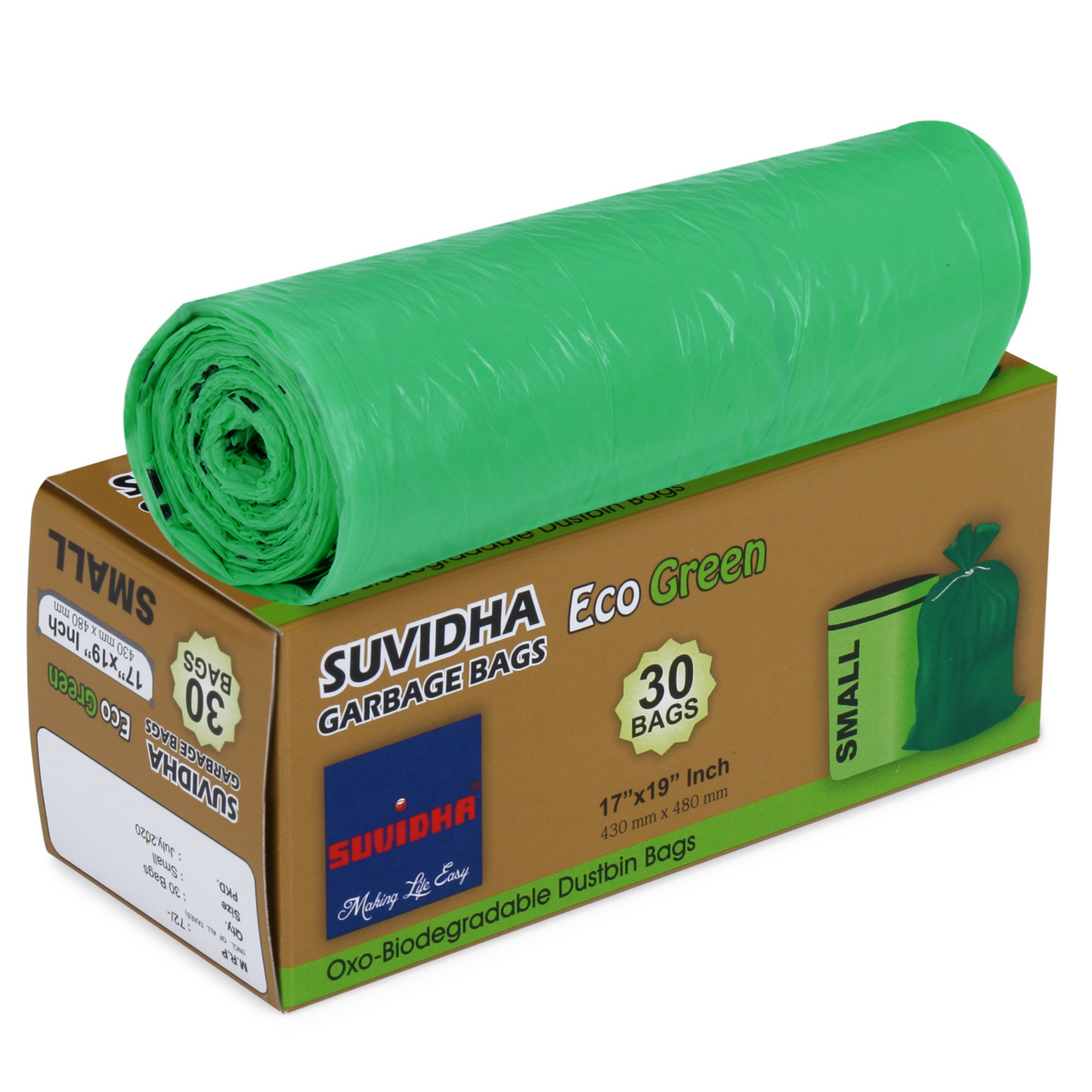 Suvidha Eco Green Garbage Bags Small Size - 240 Rolls Carton (30 Bags per Roll)