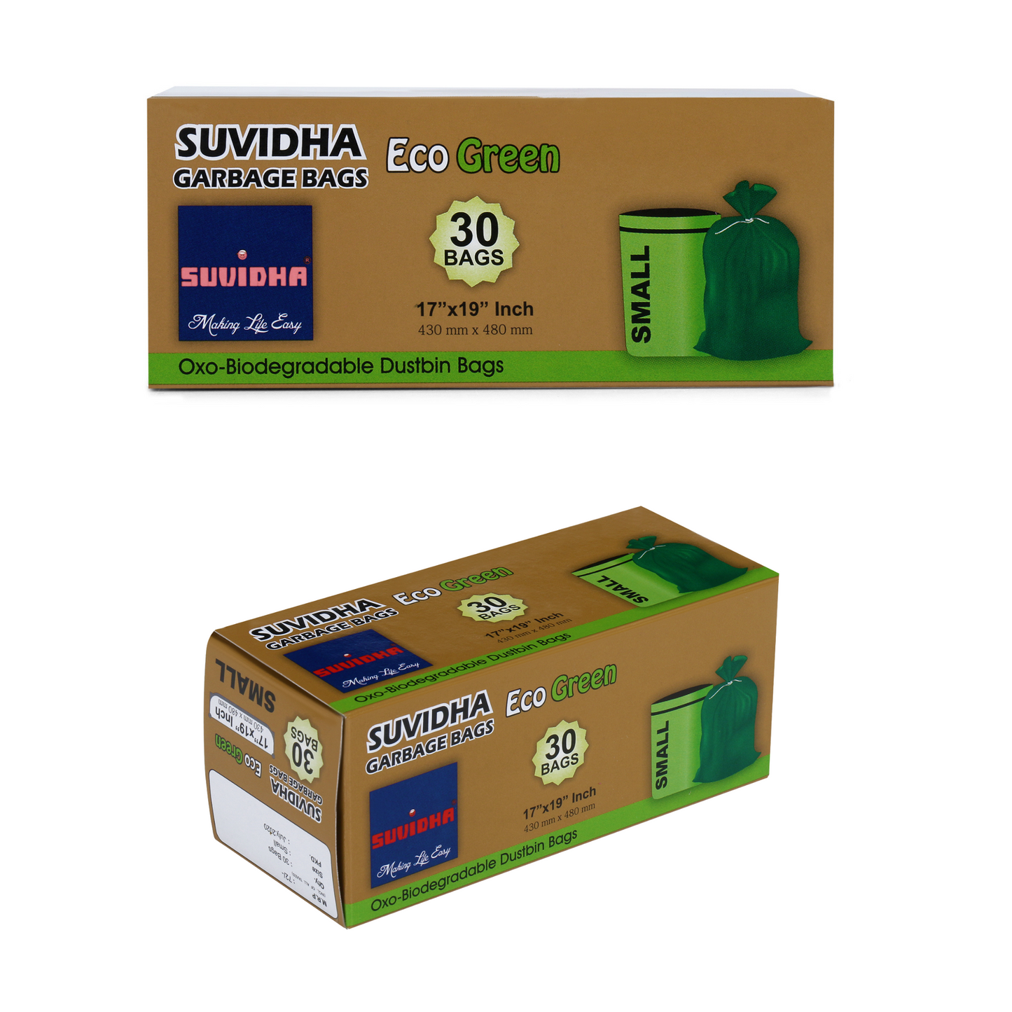 Suvidha Eco Green Garbage Bags Small Size - 240 Rolls Carton (30 Bags per Roll)